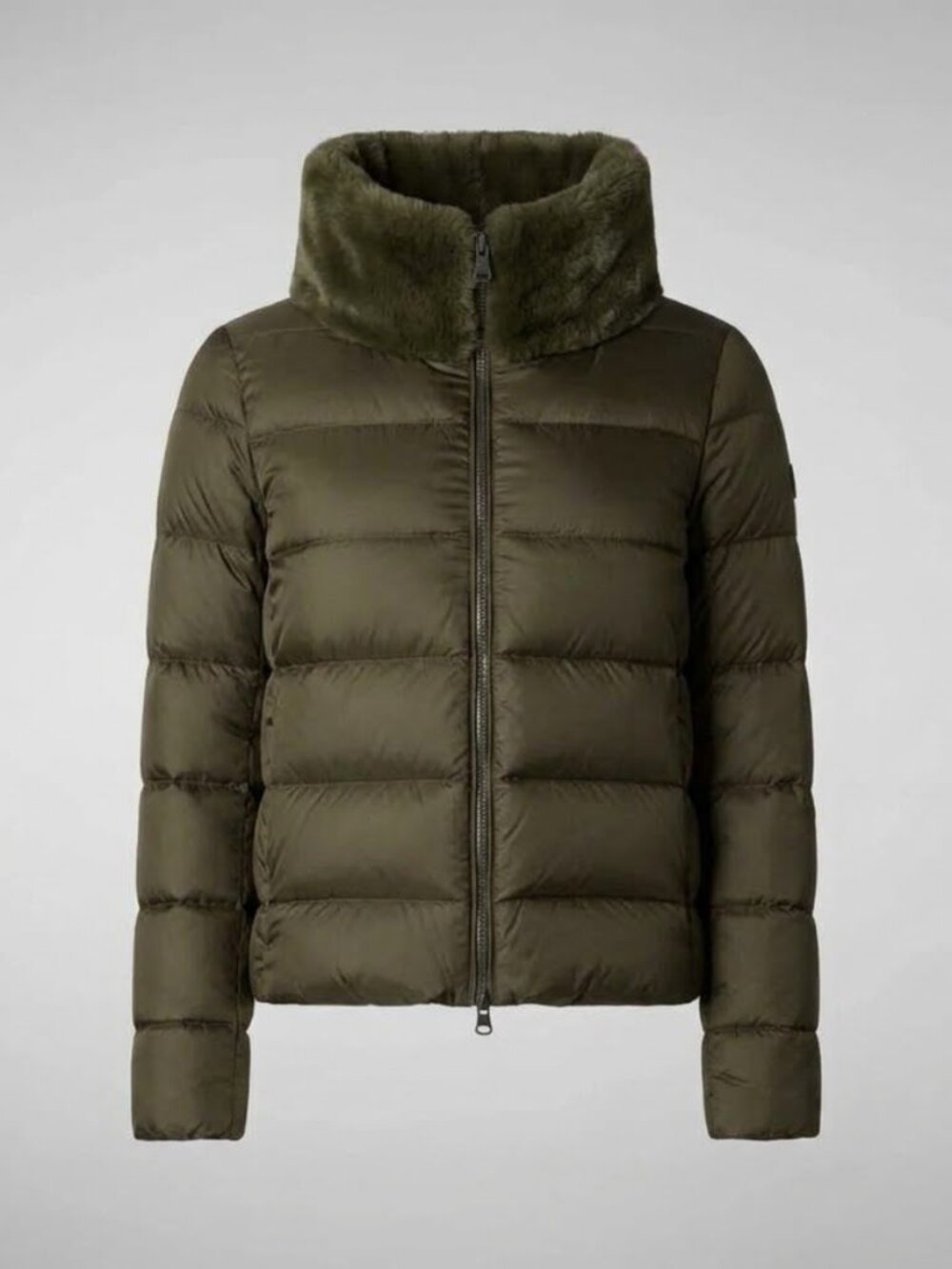 Save The Duck Mei Quilted Puffer Jacket Olive Green Faux Fur Collar Vegan